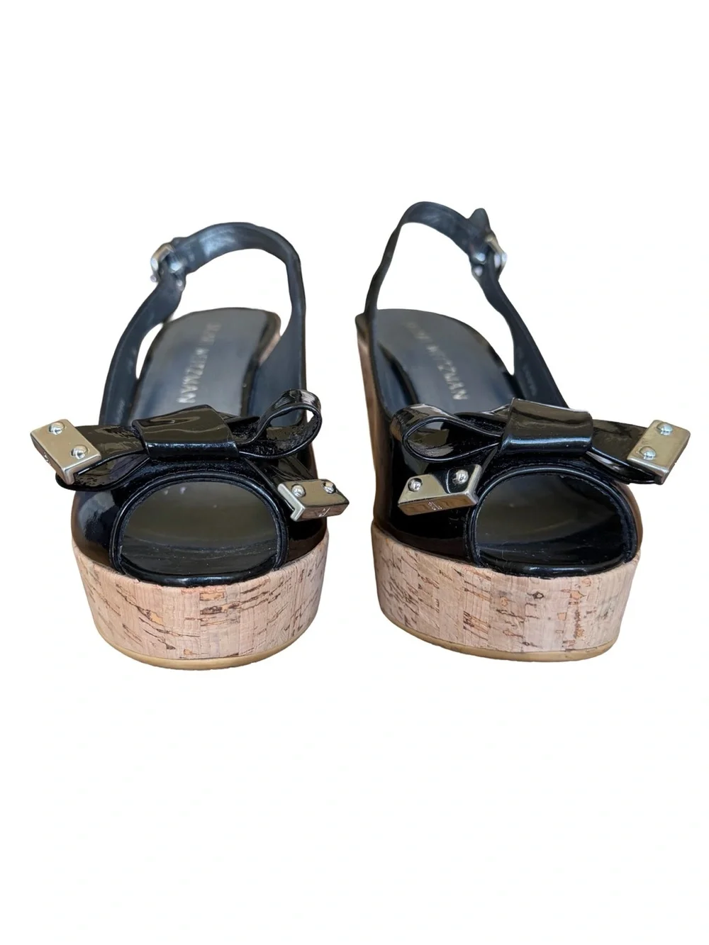Stuart Weitzman Bodajean Patent Leather Cork Wedge Slingback Sandals 7.5